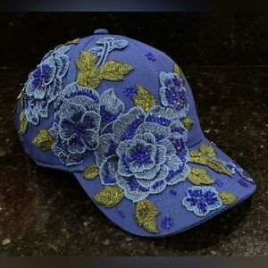 Custom BLUE 3-D embroidered Hat Cap with RHINESTONES crystal blinged out hat!